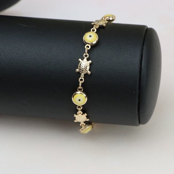 "Rose Gold Turtle & Yellow Evil Eye Bracelet, Cute Protective Design, XPBL0744 - Picture 8 of 12